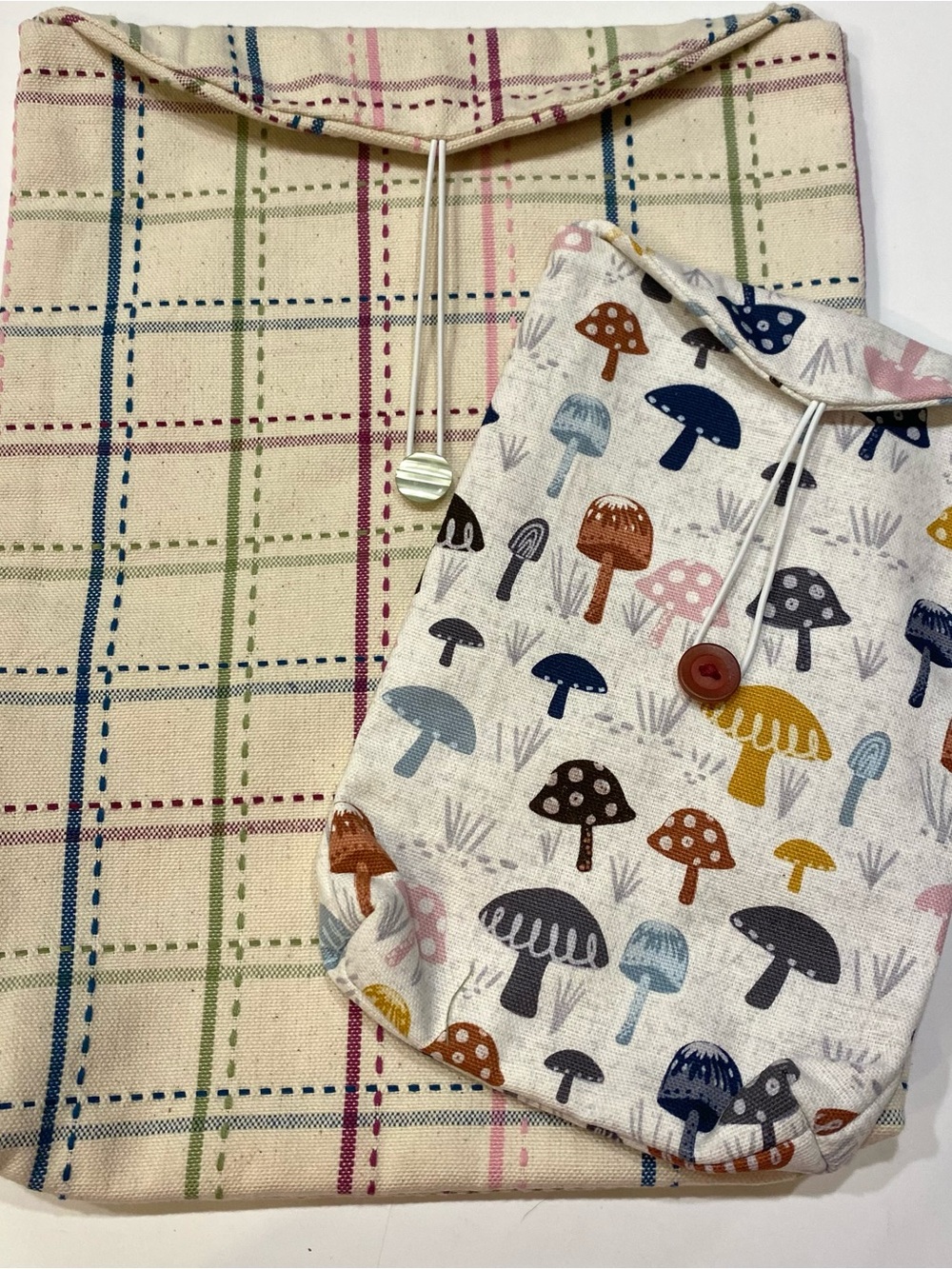 Handmade Cotton Mushroom Print and Plaid Fabric Pouches - Book Sleeve Pouch